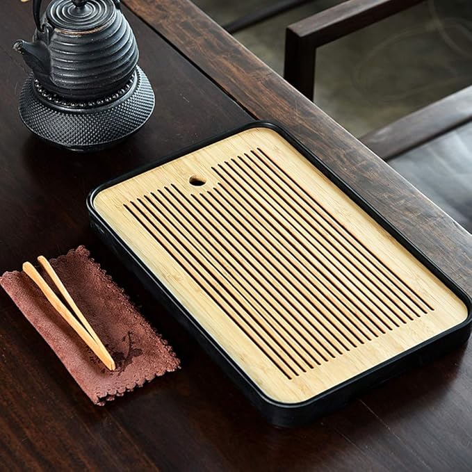 14 Inch Bamboo Chinese Gongfu Tea Tray Table Box with Water Storage for Kungfu Tea Set (Style 5 Black)