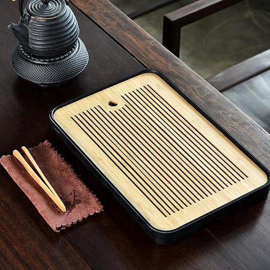 14 Inch Bamboo Chinese Gongfu Tea Tray Table Box with Water Storage for Kungfu Tea Set (Style 5 Black)