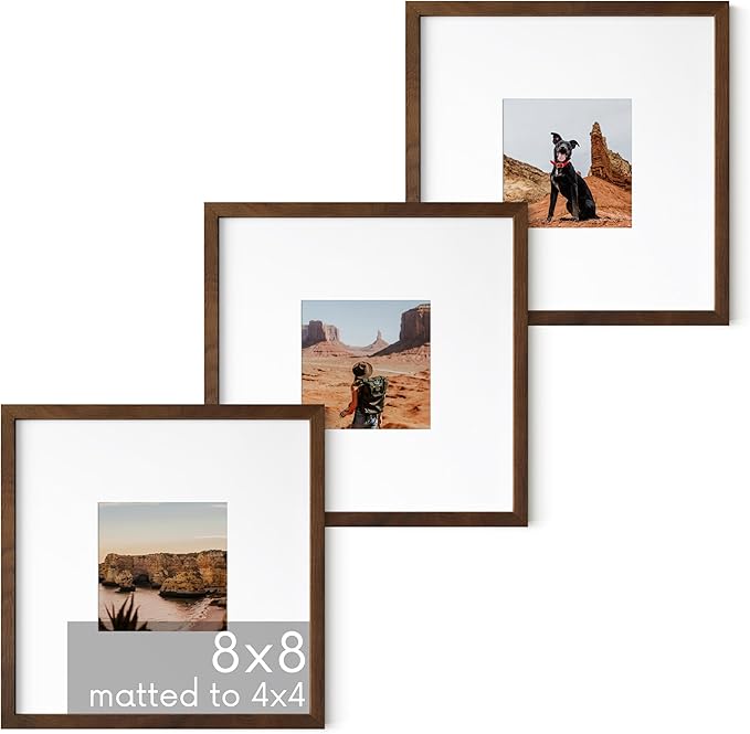 HAUS AND HUES Walnut Square Frames 8" x 8" Matted to 4" x 4" - 8"x8" Square Gallery Wall Frame Set Ideal for Home, Office (8x8 in, Walnut, Set of 3)