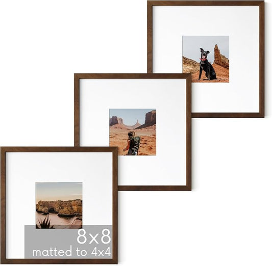 HAUS AND HUES Walnut Square Frames 8" x 8" Matted to 4" x 4" - 8"x8" Square Gallery Wall Frame Set Ideal for Home, Office (8x8 in, Walnut, Set of 3)