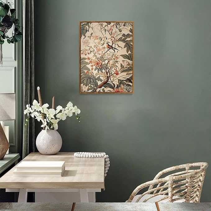 Djmwtb Vintage Framed Wall Art Floral Bird Canvas Wall Art Prints Botanical Flower Painting Nature Pictures Artwork for Bedroom Living Room Office 12x16in