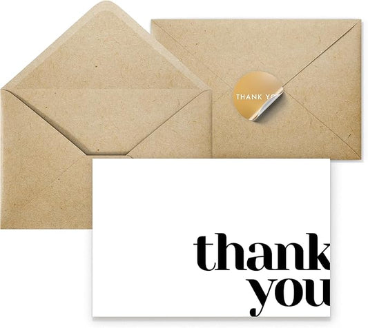 Paper Play Thank You Cards Bulk Pack of 40 White, 5x3.5 Inches with Matching Stickers & Envelopes, Minimalistic Design Suitable for Business, Baby Shower, Wedding, Small Business, Graduation, Funeral