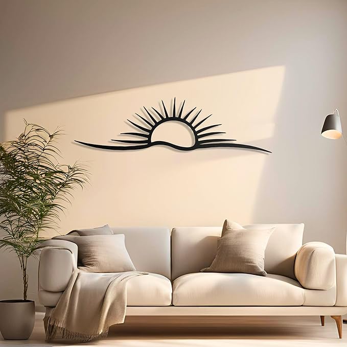 pluviart Sunrise & Wave Metal Wall Art – Modern Sun Wall Decor for Living Room, Minimalist Large Wall Hanging, Home Decoration – Gift for Him, Christmas Gift (60"x17")