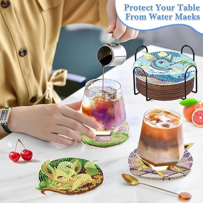 8 Pcs Diamond Painting Coasters with Holder, Beginners DIY Diamond Art Coasters Crafts for Adults,Small Diamond Painting Kits Circular Coaster Suitable for Gifts and Office Home(8 Wooden)