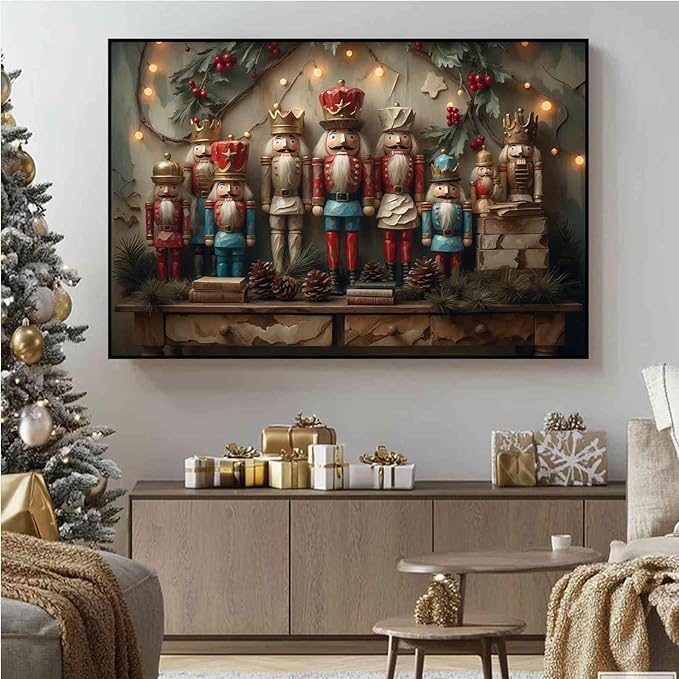 Christmas Nutcracker Vintage Wall Art Print Dark Academia Holiday Poster Winter Christmas Holiday Decor Gold Nutcracker Oil Painting Scene Indoor Decor for Offices Living Room Framed Ready to Hang