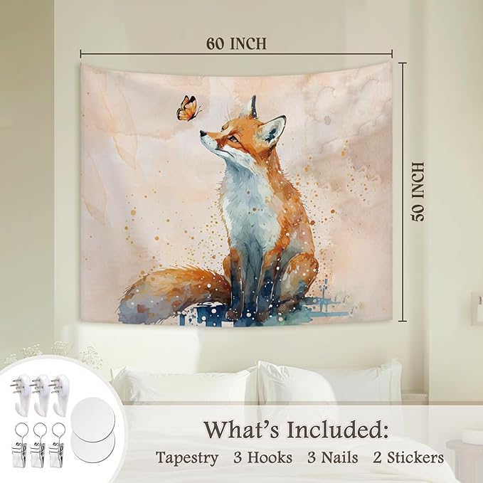 STHTTSW Fox Cute Tapestry, Fox Gifts，Watercolor Fox Tapestries Wall Blanket for Women Girls Fox Lovers, Aesthetic Preppy Animal Wall Hanging Decor for Teen Girls Women Home Living Room Bedroom, 50x60 Inch