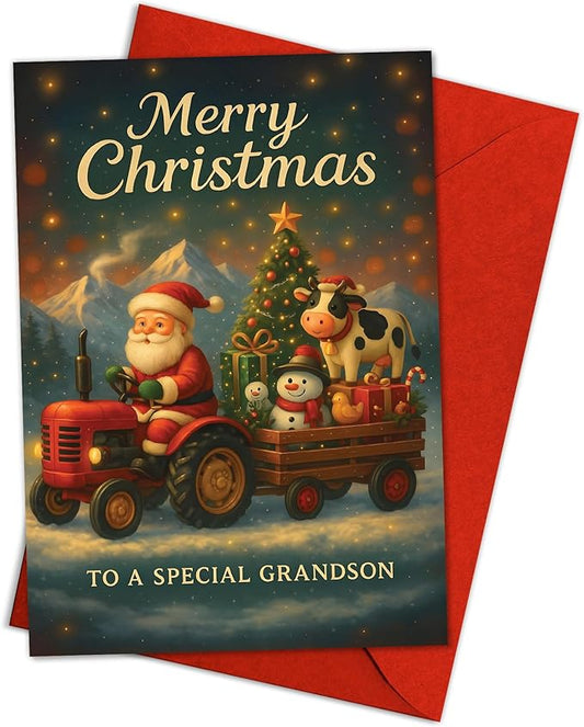 (5.3x8in) Merry Christmas to a Special Grandson Card, Santa on Tractor with Cow and Snowman, Farm-Themed Holiday Greeting Card with Christmas Tree and Gifts, Festive Card with Envelope (Xmas 42)