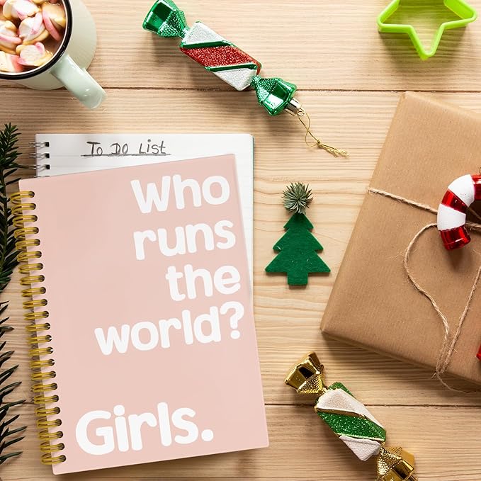 Who Runs The World Journaling Notebooks, Pink Preppy Spiral Notebook, Inspirational Gifts for Women Teen Girls, Hardcover Spiral Notebooks College Ruled 5.5 x 8.3