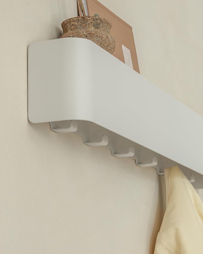 Kazai.®️ Coat Rack Wall Mount with Shelf 'Tone' | Modern Design Coat Hanger with Hidden Hooks and Storage | Hat Rack with Shelf in Metal | Wall-Mounted Purse Organizer | White