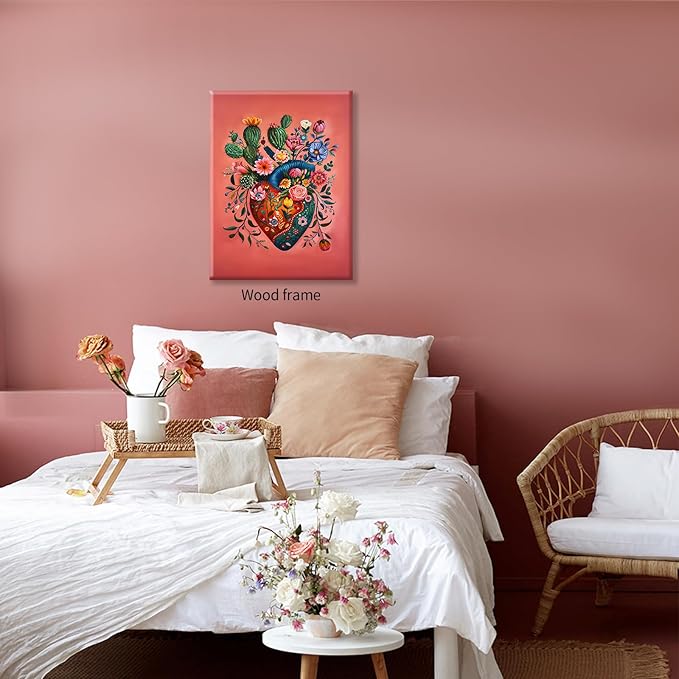 Mexico Blooming Heart Canvas Poster Colorful Vintage Botanical Wall Art Funky Trippy Pink Prints 08x10 inch Framed for Bed Living Room Apartment Wall Decor