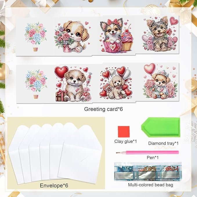 Ceitura 6Pcs DIY Diamond Art Painting Crafts Rhinestone Painting Greeting Card Making Kit Postcard for Holiday Christmas New Year Party Favors (Flower Puppy)