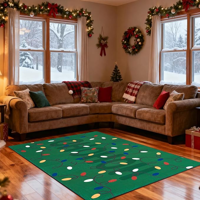 jinchan Jingle Lights Christmas Rug 4x6 for Living Room Bedroom Green Holiday Decorative Rug for Dining Room Foyer Colored String Lights Printed Xmas Decor Washable Non Slip Floor Carpet