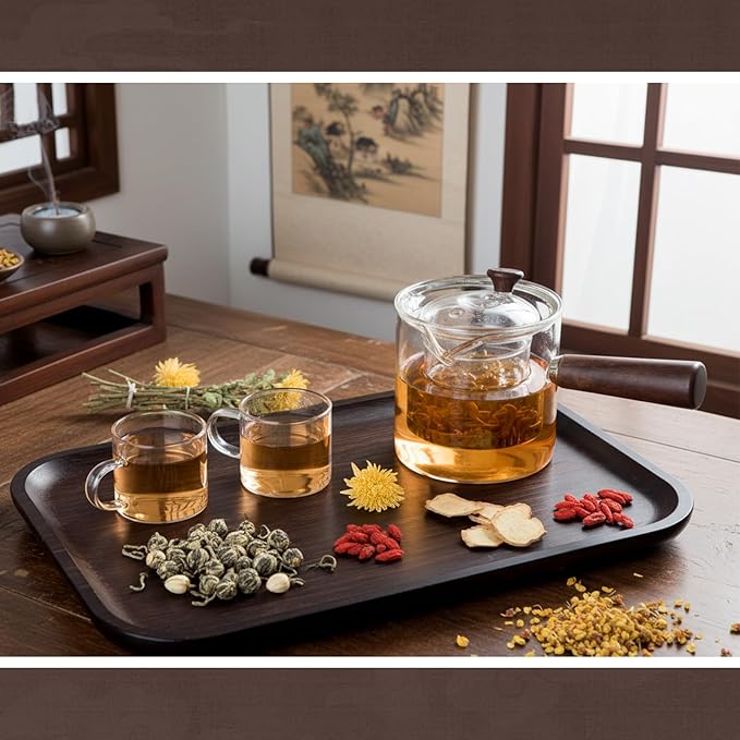 Bokon 8 Pcs Glass Teapot Set 500ml Glass Teapot with Removable Infuser 6 Pcs 100ml Transparent Cups and Bamboo Tea Tray for Home Travel Office Outdoor Gifts