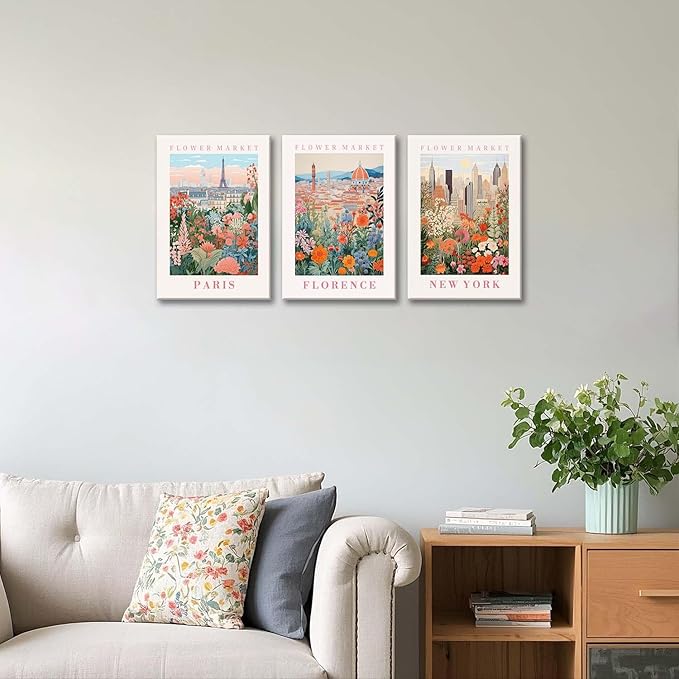 XLARTMY Flower Market Wall Art Prints Canvas Orange and Pink Floral Paintings Colorful Botanical Travel Flower Posters for Home Decor Pictures Set of 3 for Living Room Bedroom 16x24in