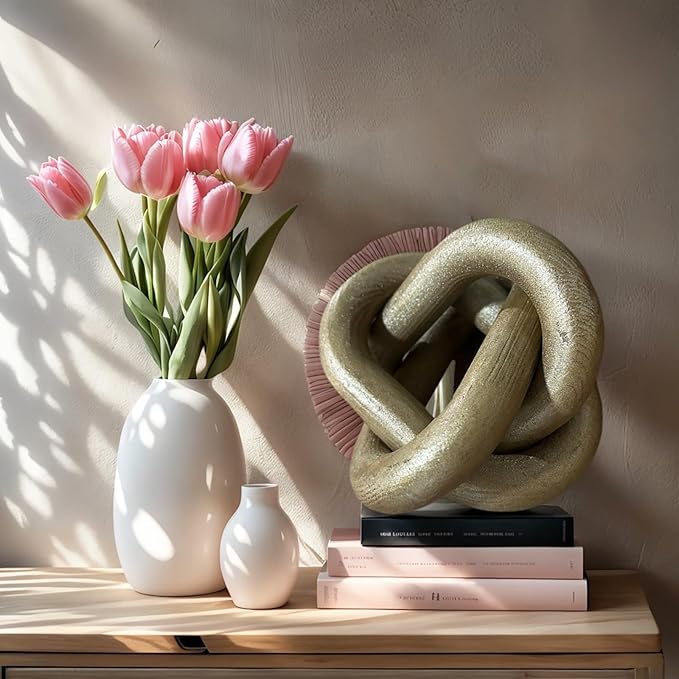 GUDAGUU Wood Knot Decor -Coffee Table Decor Shelf Decor Table Books Hand Carved Home Decoration Boho Country Rustic Modern Shabby Chic Style 3 Link Wooden Knot Chain Link Decor (Champagne)