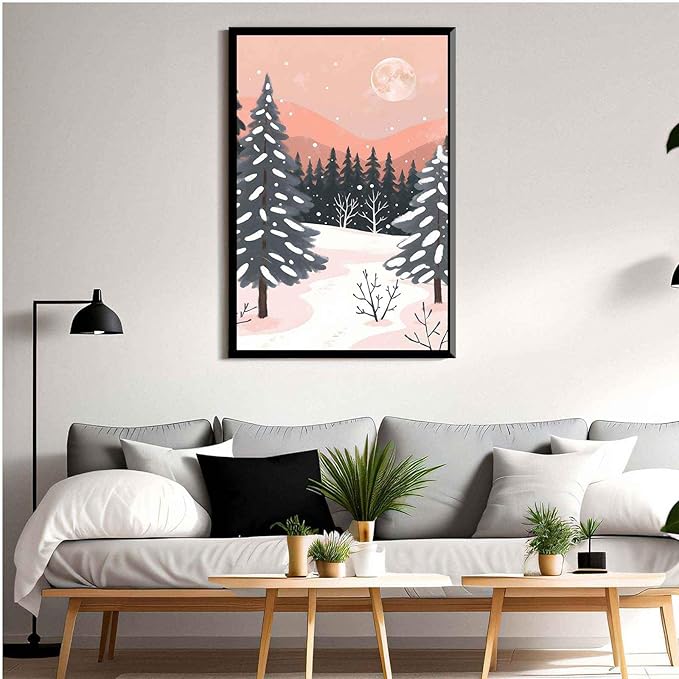 Framed Canvas Wall Art serene winter landscape art print Christmas snow cosy winter's day 24x36in Metal blackFramed