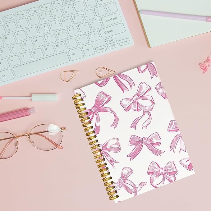 Trendy Coquette Pink Bow Jonrnaling Notebooks, Aesthetic Spiral Notebook for Girls, Preppy Pink Journal Notebook, Pink Office Supplies, Hardcover Spiral Notebooks College Ruled 5.5 x 8.3