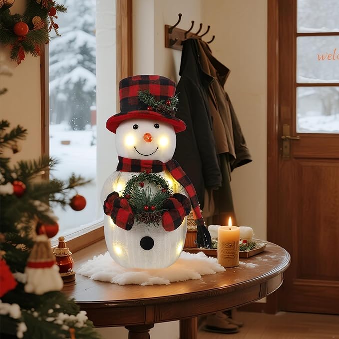 Christmas Lighted Snowman, 12" With Wreath Table Decorations, Red Black Plaid Xmas Decor for Home Kitchen Holiday Party