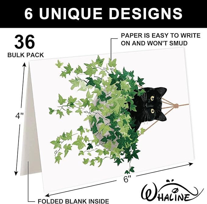 Whaline 36 Pcs Botanical Black Cat Greeting Cards Blank Note Cards 6 style Blank Note Card with Envelope Stickers for Party Invitations, 4 x 6 Inch