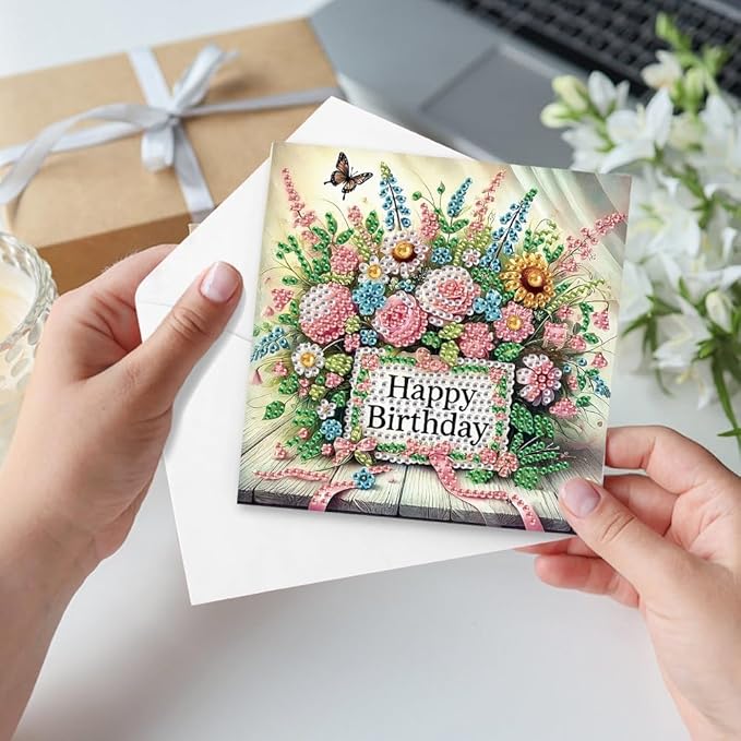 6-Pack Wishes & Blooms Bouquet Diamond Painting Greeting Card Kits, Special Shaped Diamonds Painting, DIY Handcraft for Relatives and Friends with Wishes,Unique Design Crafting for Birthday Cards