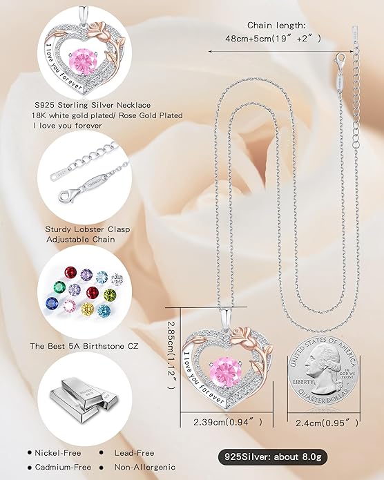Women's Birthstone Necklace, Holiday Gift for Girlfriend, 925 Sterling Silver Heart Rose Necklace, Anniversary Birthday Gift for Wife, Daughter