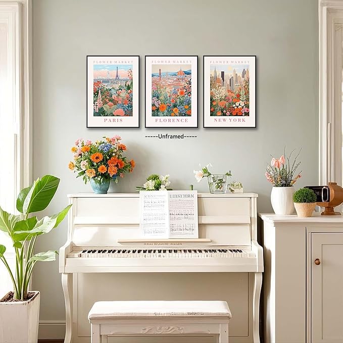 XLARTMY Flower Market Wall Art Prints Canvas Orange and Pink Floral Paintings Colorful Botanical Travel Flower Posters for Home Decor Pictures Set of 3 for Living Room Bedroom 12x16in Unframed