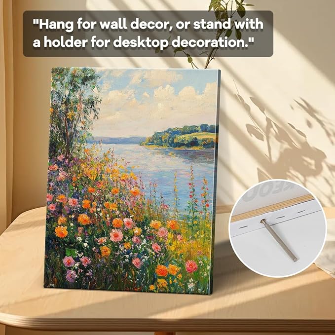 WOXZQ Colorful Wildflower Field by the Lake Wall Art – 12x15 Inch Unframed Laminated Paper Print – Landscape Floral Painting for Home Decor – Tabletop & Hanging Display