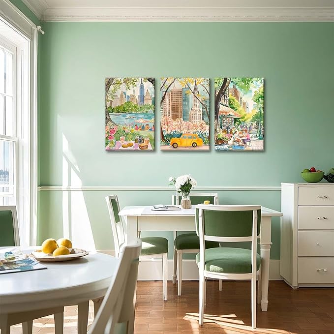 XLARTMY New York City Poster Travel Wall Art Canvas Framed Watercolor NYC Central Park Landmarks Artwork Decor Painting Prints Pictures Set of 3 for Bedroom Living Room Bathroom Office 16x24in
