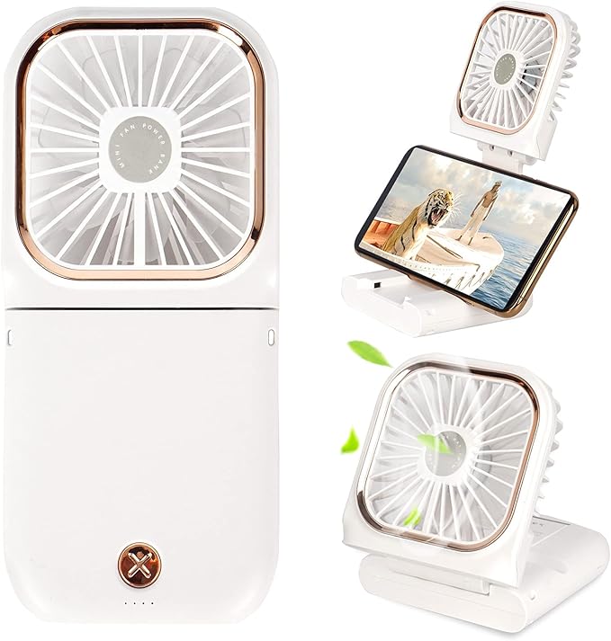 Portable Mini Fan Small Battery Operated Fan 5 in 1 as Power Bank,Phone Holder,Handheld Fan,Desk Fan, USB Rechargeable Personal Hand Fans,3000 mAh Power Bank,3 Speed Adjustable, Neck lanyard, White