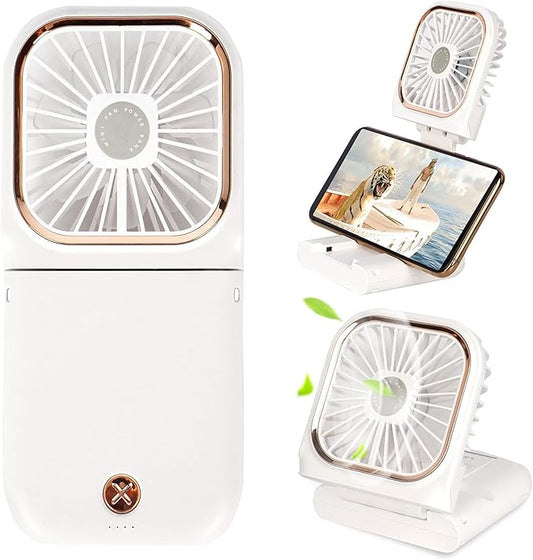 Portable Mini Fan Small Battery Operated Fan 5 in 1 as Power Bank,Phone Holder,Handheld Fan,Desk Fan, USB Rechargeable Personal Hand Fans,3000 mAh Power Bank,3 Speed Adjustable, Neck lanyard, White