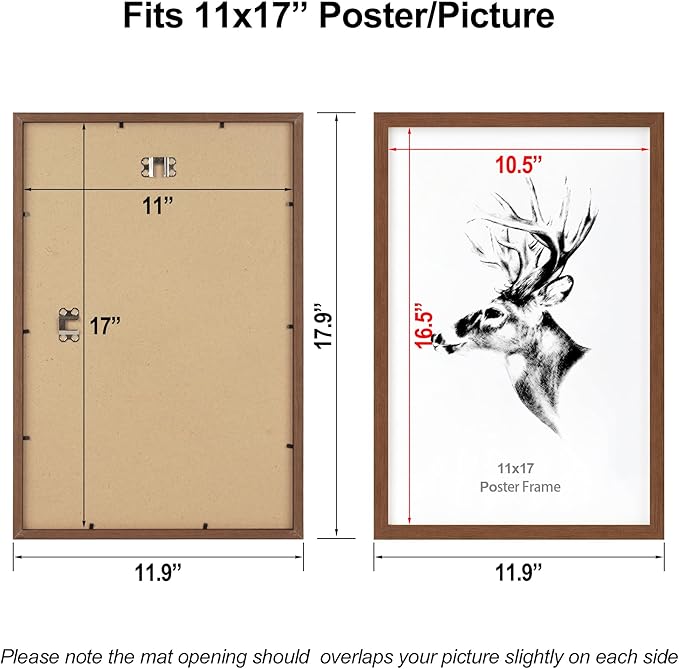 Yaetm 11x17 Picture Frames Set of 4, Walnut Brown, Solid Wood Poster Frame 11x17 for Wall Gallery, Horizontal and Vertical Wall Mounting (4 pack, Walnut)