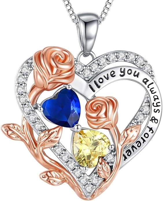 I Love You Birthstone Necklace, 925 Sterling Silver Heart Pendant with CZ Diamond Stones, Birthday Gifts for Women, Romantic Gift for Wife, Girlfriend, Her, Anniversary, Valentine's Day, Christmas