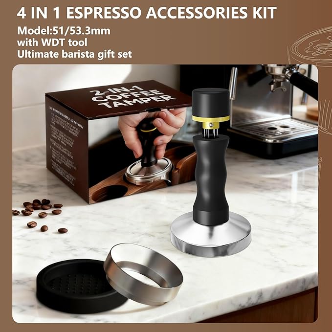 Espresso Accessories Kit, 2-in-1 Espresso Tamper and WDT Tool, 53.3mm Coffee Tamper with 304 Stainless Steel Needles, Espresso Accessories Gift for Home Baristas