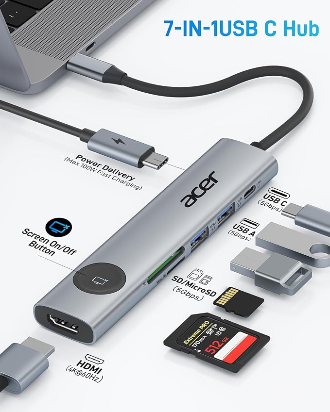 Acer USB C Hub, 7 in 1 USB-C to HDMI Multiport Adapter 4K@60Hz, 100W PD, 2 USB A 3.1 + Type-C 3.1 5Gbps Data, SD Card Reader, USBC Dongle Compatible with Acer/Dell XPS/HP/Mac/Surface etc
