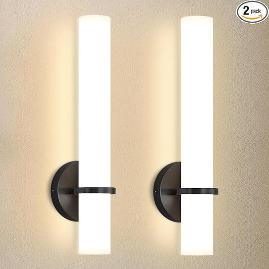 16W LED Dimming Wall Sconces 2 Packs, 3000K Warm Lights Dimmable, White Lampshade Bathroom Vanity Lighting Wall Light Fixtures for Bedroom Dining Living Hallway, Black