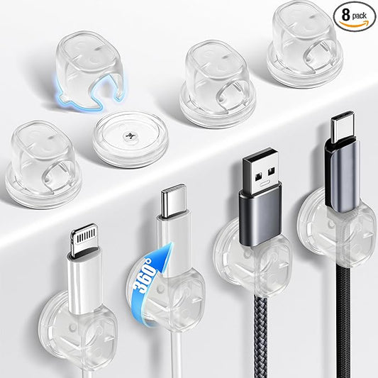 8 Pack Cord Organizer, Ω-Shaped Rotatable Cable Clips, Strong Adhesive Cable Management with Nails, Cord Holder for Nightstand, Desk, and Wall (Clear)
