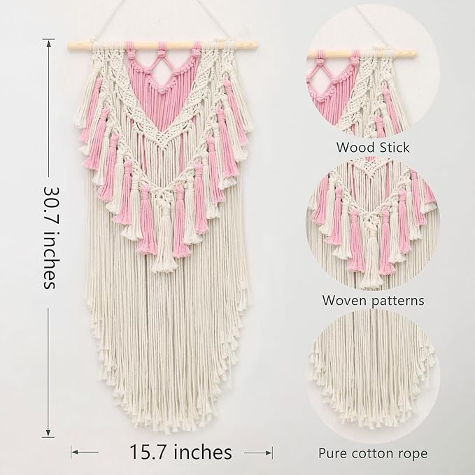 LB Pink Macrame Wall Hanging, Handmade Woven Tapestry Wall Hanging Modern Pink and Beige Wall Decor for Living Room Bohemian Macrame Wall Art for Office Apartment Bedroom Backdrop,15.7" W x 30.7" L