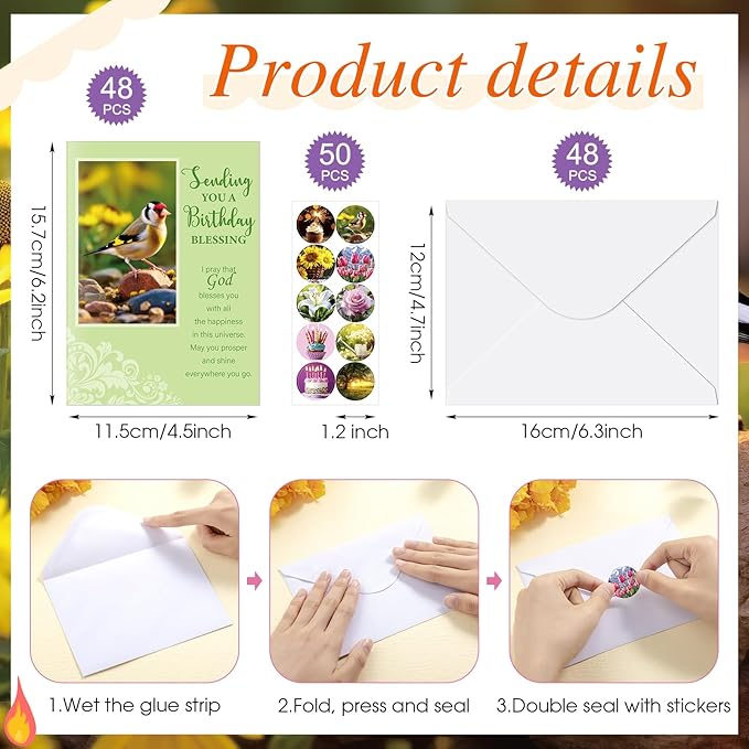 48 Pack Religious Christian Birthday Cards Bulk with Scripture Assorted Bible Verse 4.5 x 6.2 Inch Christian Blessings Birthday Greeting Cards with Envelopes and Stickers (Warm Message Style)