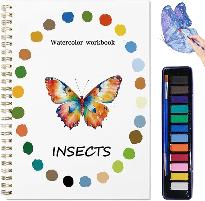 XZGTAND Beginner-Friendly Animals Watercolor Workbooks, 12 Colors Watercolor Paint Set with Paint Brush, Beginner-Friendly Watercolor Painting Kit (Insects)