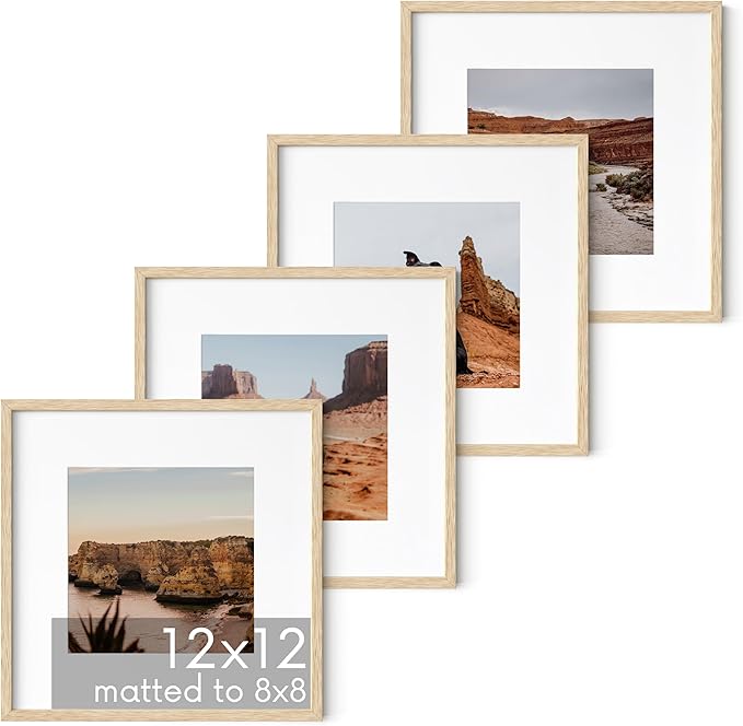 HAUS AND HUES Beige Oak Wood 12x12 Picture Frames - Set of 4, Square Frames with Mat, Elegant Frames for Wall Display (12x12 in, Beige, Set of 4)