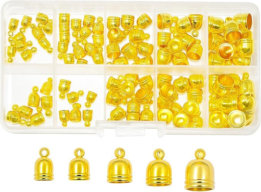 Mandala Crafts Gold Tone Leather Cord End Caps for Jewelry Making, Tassel Caps, 5mm to 9mm 100 PCs Bell Cord Ends, Kumihimo Supplies and Jewelry Findings
