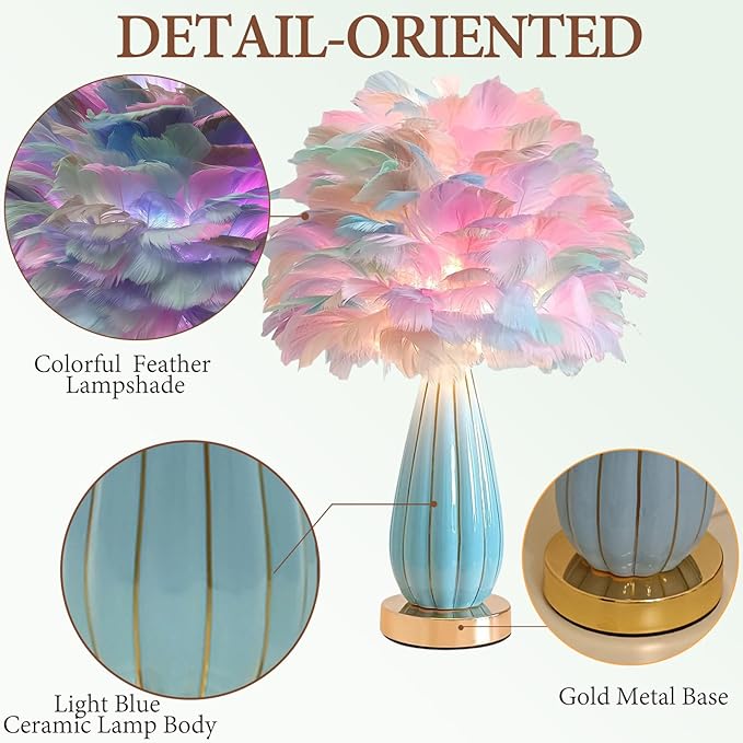 Colorful Feather Lamp Modern Furry Table Lamp Romantic Bedside Lamp Nordic Fluffy Princess Girl Nightstand Light for Bedroom Living Room Entry Office Wedding Decor Christmas Gift Prime