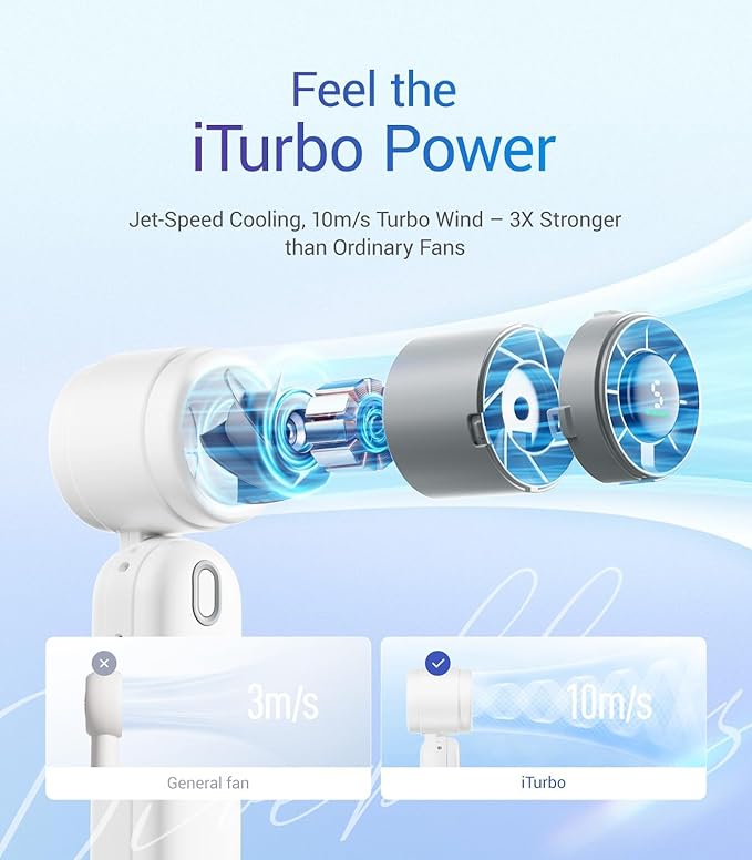 Diveblues iTurbo Portable Handheld Turbo Fan, Mini Foldable Portable Hand Fans, Rechargeable Battery, 5 Gear High Speeds Led Display,12Hrs Cooling Small Fan Travel Essentials Beach Gifts Women