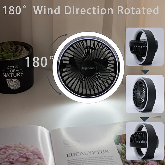 Small Fan, High Power Silent Desk Fan Portable USB Fan 3000mAh Rechargeable Battery Powered, 3 Speed 5.3in with Night Light/Hook,180°Rotated Easy Clean (Black)