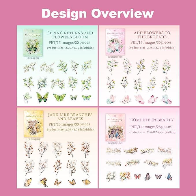 Butterfly and Branch PET Sticker Set, 118PCS Botanical Stickers for Scrapbooking, Journaling, DIY Crafts, and Planner Supplies