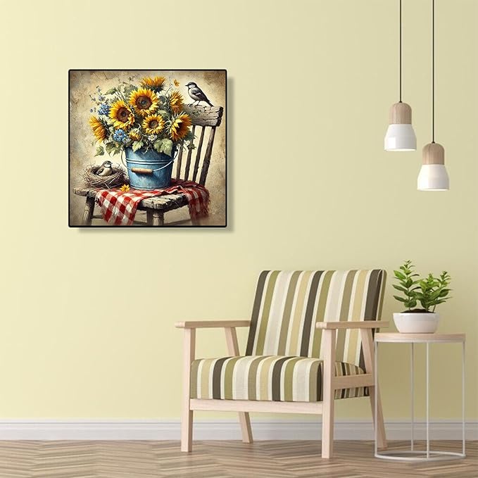 NWQZBYHT Sunflower Diamond Art Kits for Adults,Chair 5D Diamond Painting Kits for Beginner,DIY Round Full Drill Diamond Dots Painting Bird Gem Art for Adults Crafts Home Wall Decor 13.78x13.78 Inch
