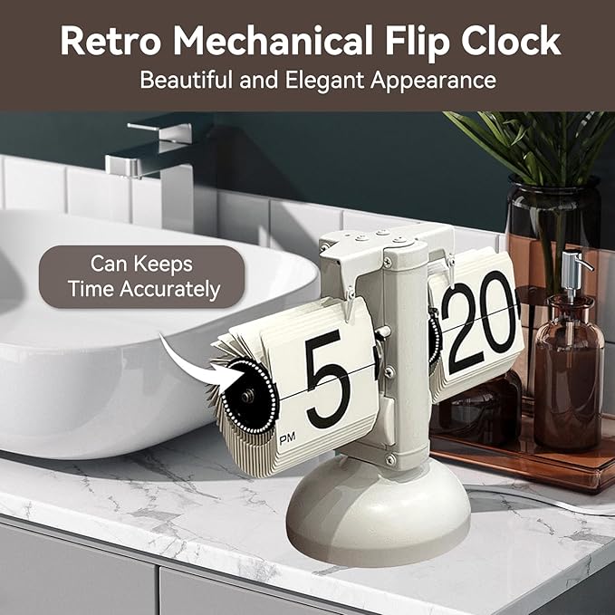 Retro Flip Clock, Vintage Design Flip Desk Clock Table Battery Powered Digital Down wіth Internal Gear Operated (White)
