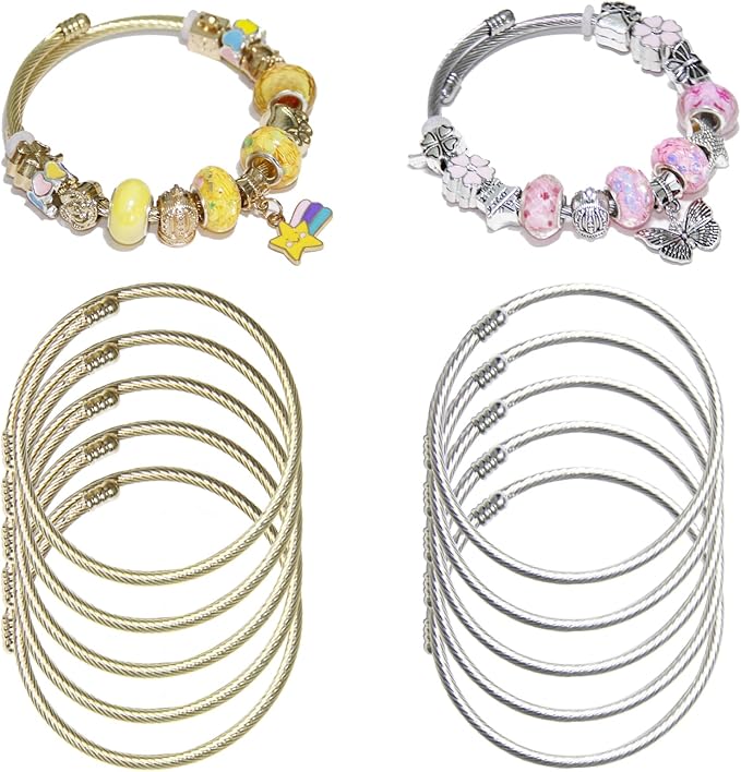 Exway 10 Pcs Elastic Charm Bracelet Chain Stainless Steel Cable Wire Twisted Cuff Bangle Bracelet Gold and Sliver Charm Bracelets Kit for Crafts DIY Women Jewelry Making