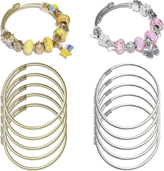 Exway 10 Pcs Elastic Charm Bracelet Chain Stainless Steel Cable Wire Twisted Cuff Bangle Bracelet Gold and Sliver Charm Bracelets Kit for Crafts DIY Women Jewelry Making