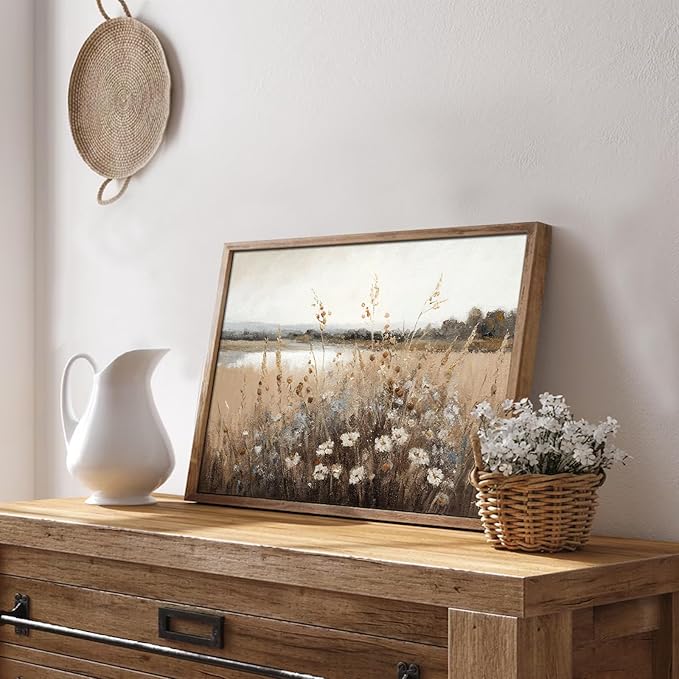 Vintage Wall Art, Farmhouse Wall Decor Wildflower Field Country Wall Painting Canvas Prints Autumn Landscape Oil Painting Wall Decor Vintage Art Pictures for Bedroom Bathroom Kitchen Decor( 8" x 10"-UNFRAMED)